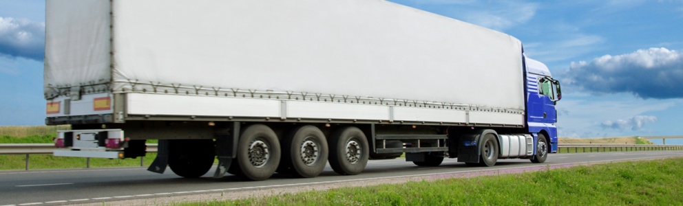 Zijaanzicht van blauw/witte vrachtwagen die over de Nederlandse weg rijdt
